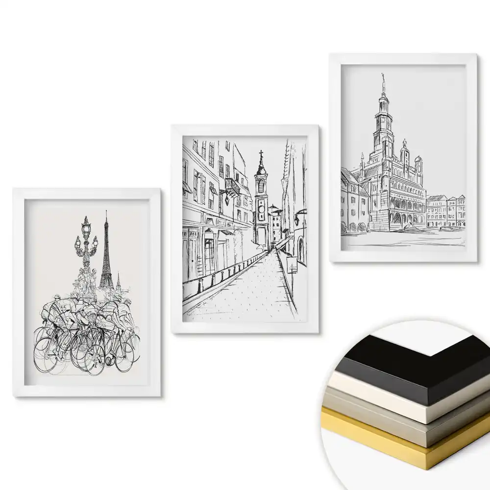 Set de tablouri pentru living Orașe în linie cu artă minimalistă