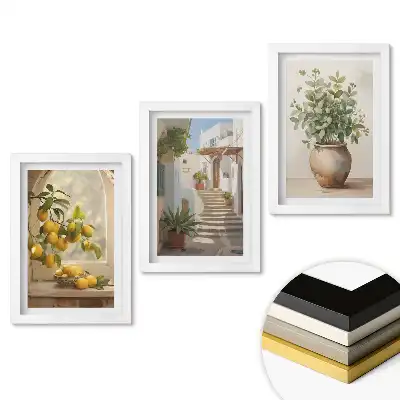 Set 3 tablouri pentru dormitor cu lămâi, scări și plante verzi