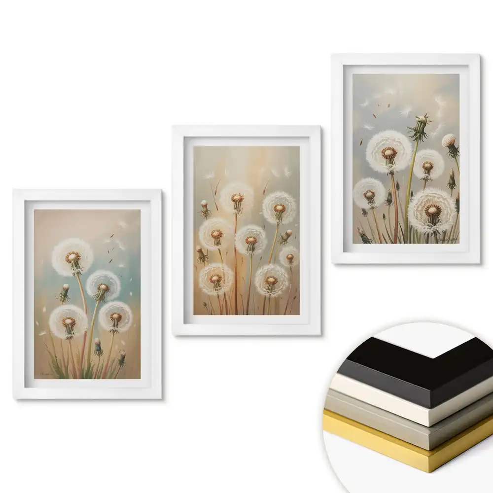 Set 3 tablouri dormitor Păpădii încântătoare în nuanțe pastelate