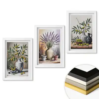 Set 3 tablouri dormitor Flori și măsline în vaze decorative