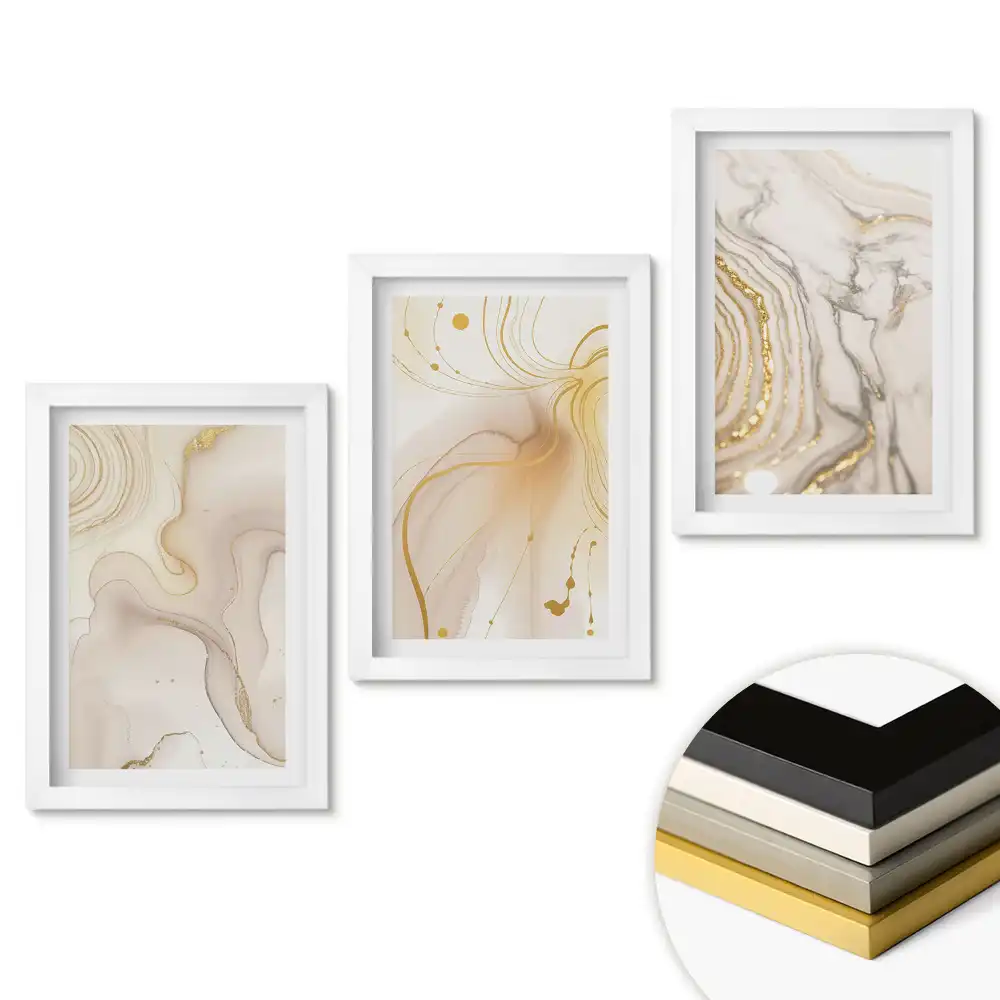 Set 3 tablouri pentru dormitor Eleganță în nuanțe de auriu și bej