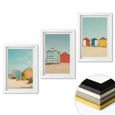 Set 3 tablouri dormitor Case colorate pe plajă la soare