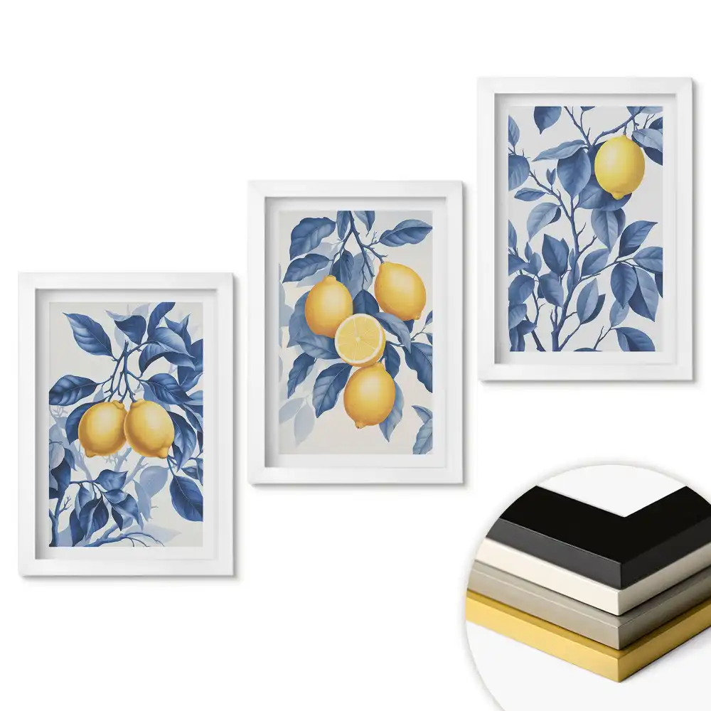 Set 3 tablouri dormitor Inspirații de lămâie în nuanțe de albastru