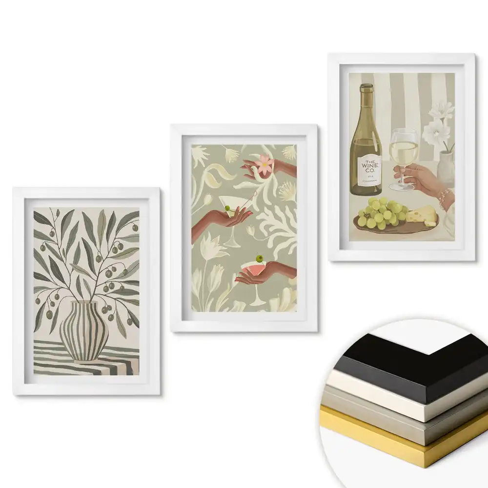 Set tablouri pentru living cu motive florale, vin și stil de viață relaxant