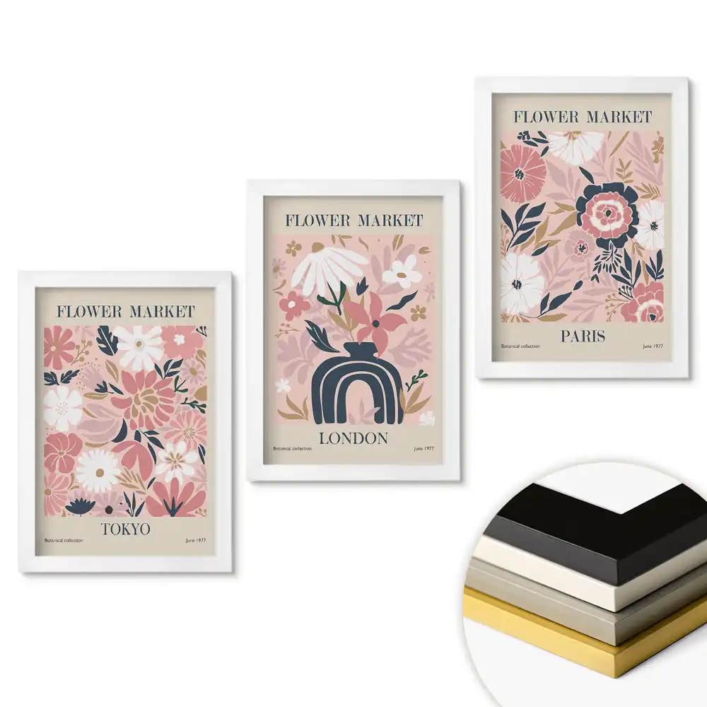 Set 3 tablouri dormitor Piețe de flori din diferite orașe