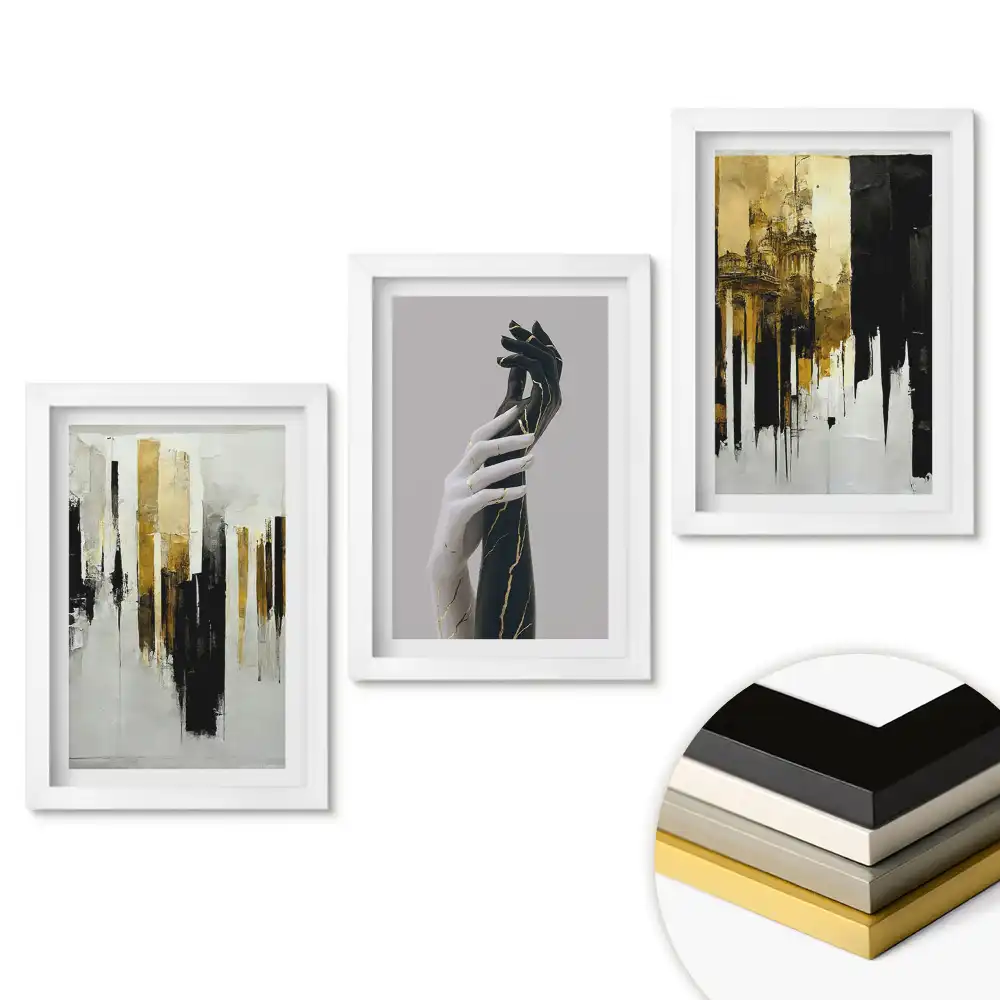Set de 3 tablouri pentru dormitor cu design abstract modern în nuanțe de auriu
