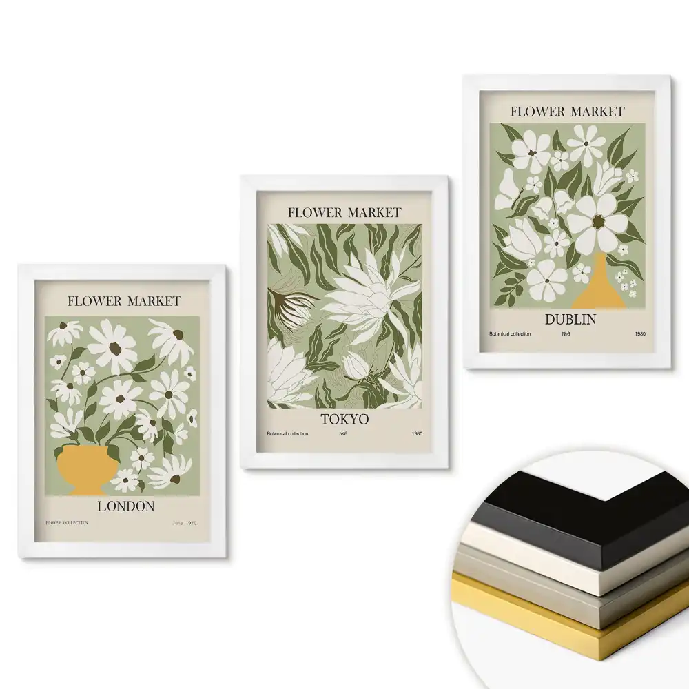 Set de tablouri pentru living cu piețe de flori din orașele lumii