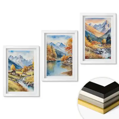 Set de tablouri pentru living cu peisaje montane pitorești în acuarelă