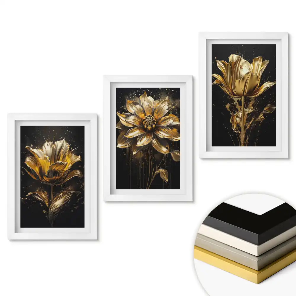 Set tablouri living Flori aurii pe fundal negru