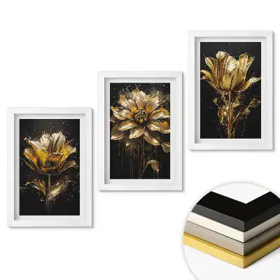 Set de tablouri pentru living cu flori aurii pe fundal negru
