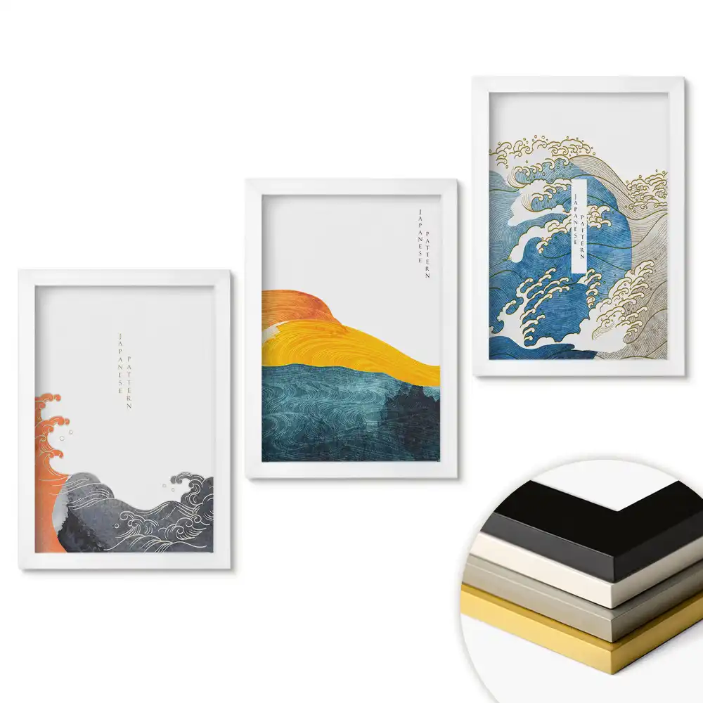 Set de 3 tablouri pentru dormitor cu design de valuri și culori în armonie cu natura
