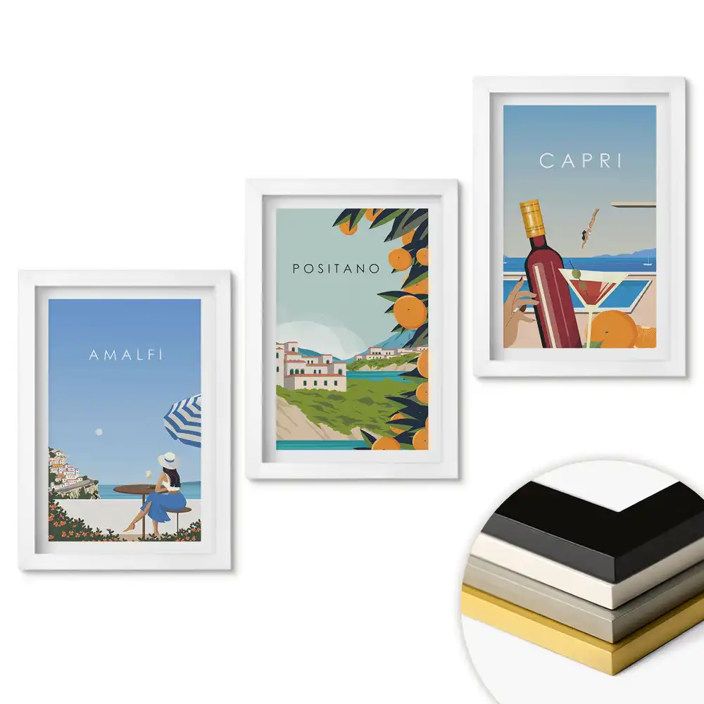 Set de 3 tablouri pentru dormitor cu tematică italiană Amalfi, Positano și Capri