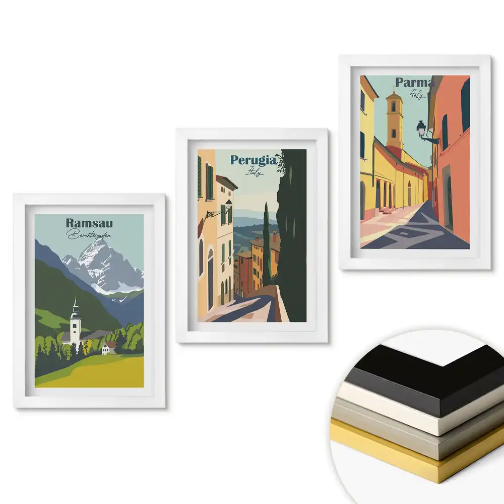 Set de 3 tablouri pentru dormitor cu grafică reprezentând orașe pitorești ale Europei