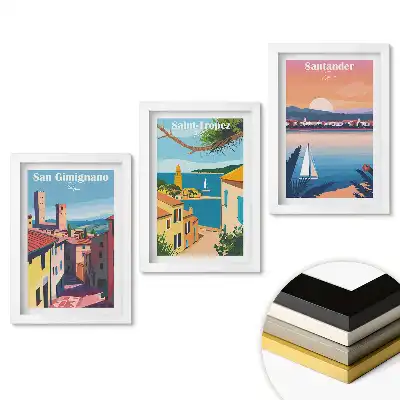 Set de tablouri pentru living cu peisaje din orașe europene pitorești de la malul mării