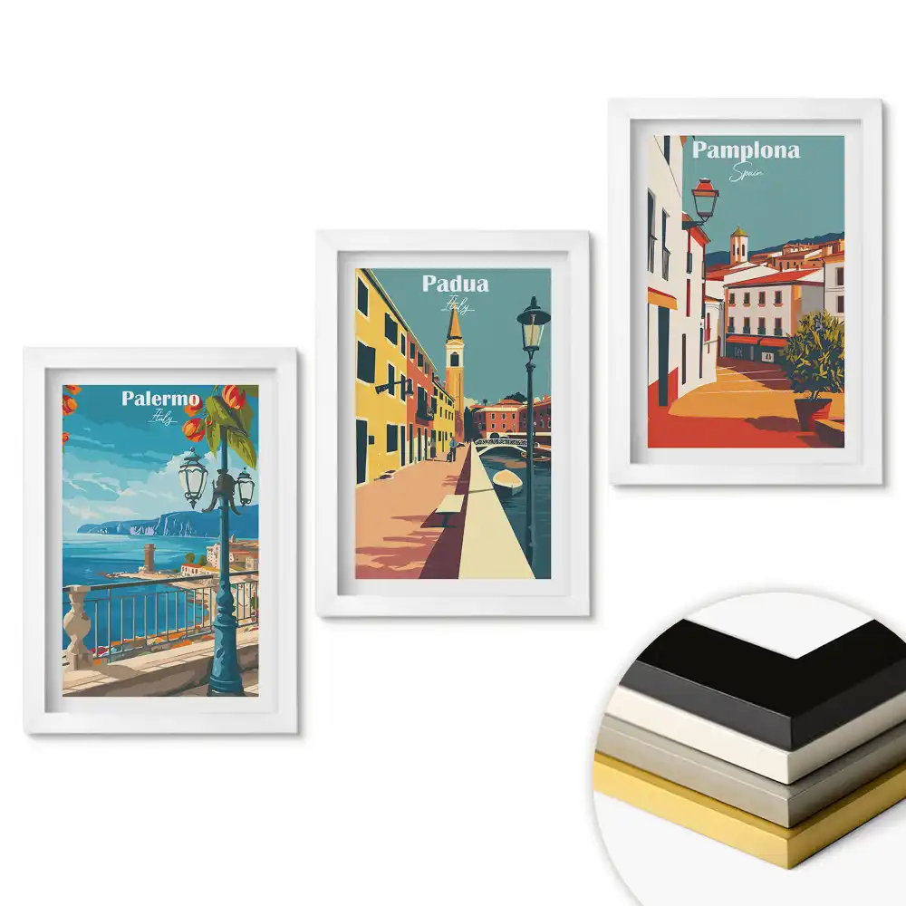 Set 3 tablouri dormitor Orașe europene în grafică colorată