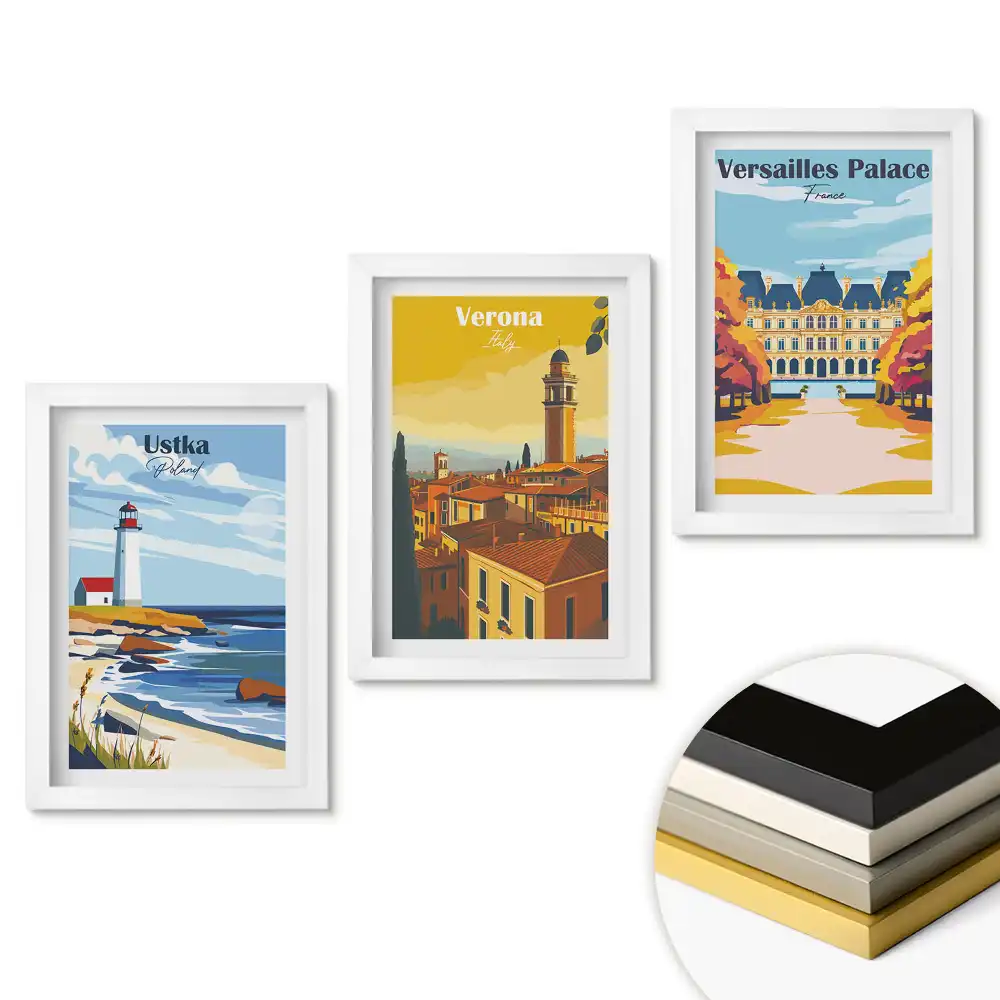 Set 3 tablouri dormitor Locuri magice ale Europei în ilustrații