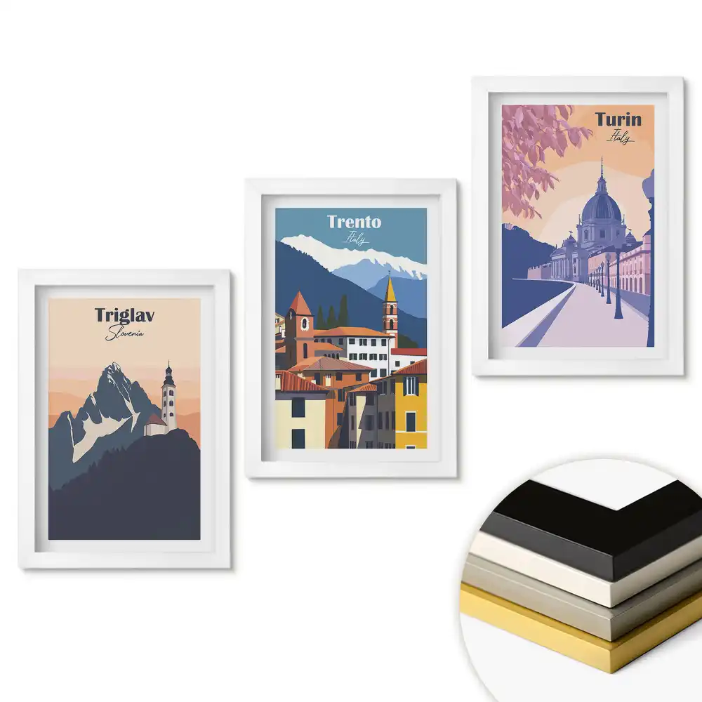 Set de tablouri pentru living Peisaje ale Europei cu Triglav, Trento și Torino