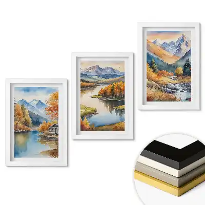 Set de 3 tablouri pentru dormitor cu peisaje montane de toamnă lângă apă