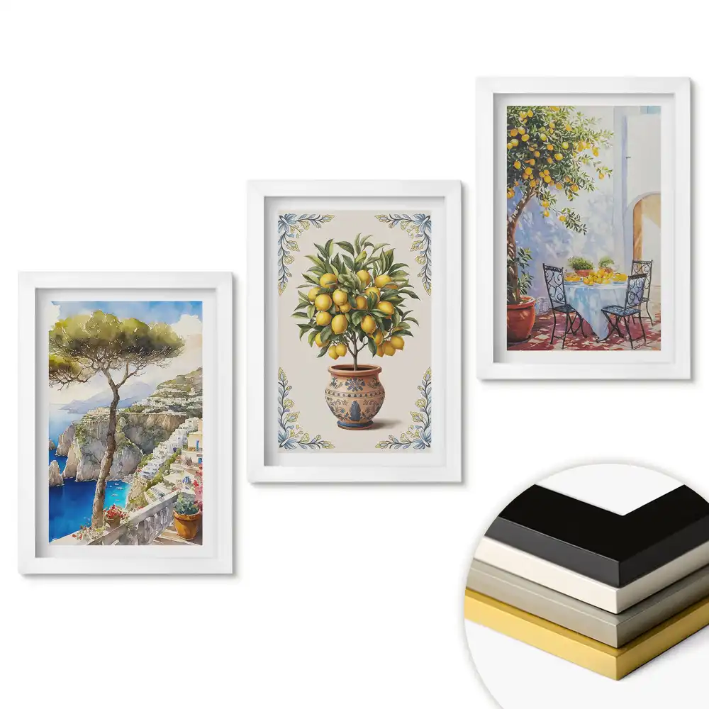 Set de tablouri pentru living cu peisaje și fructe în stil însorit
