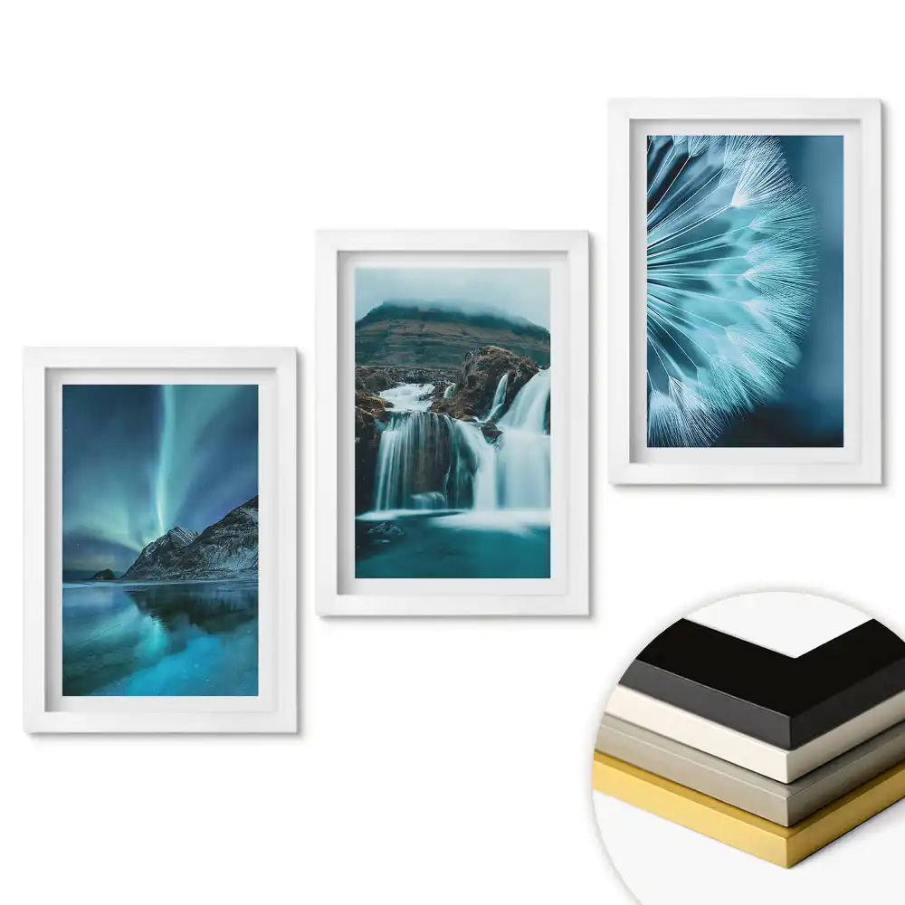 Set de tablouri pentru living cu peisaj de vis în nuanțe de albastru