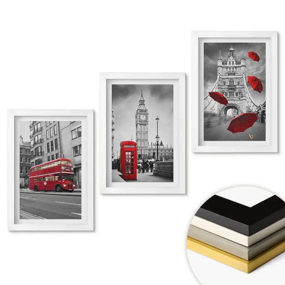 Set 3 tablouri dormitor Simboluri londoneze într-un cadru monocromatic