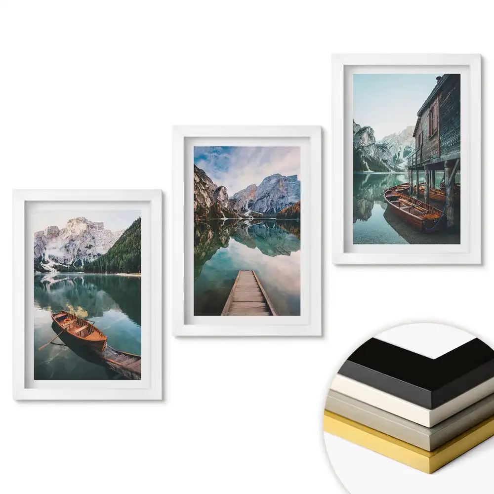 Set de 3 tablouri pentru dormitor cu peisaj montan și bărci pe lac
