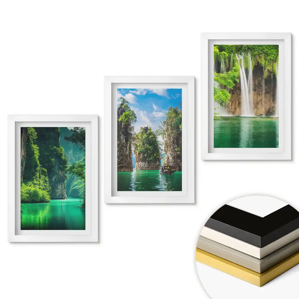 Set 3 tablouri pentru dormitor cu peisaje tropicale de cascade și stânci