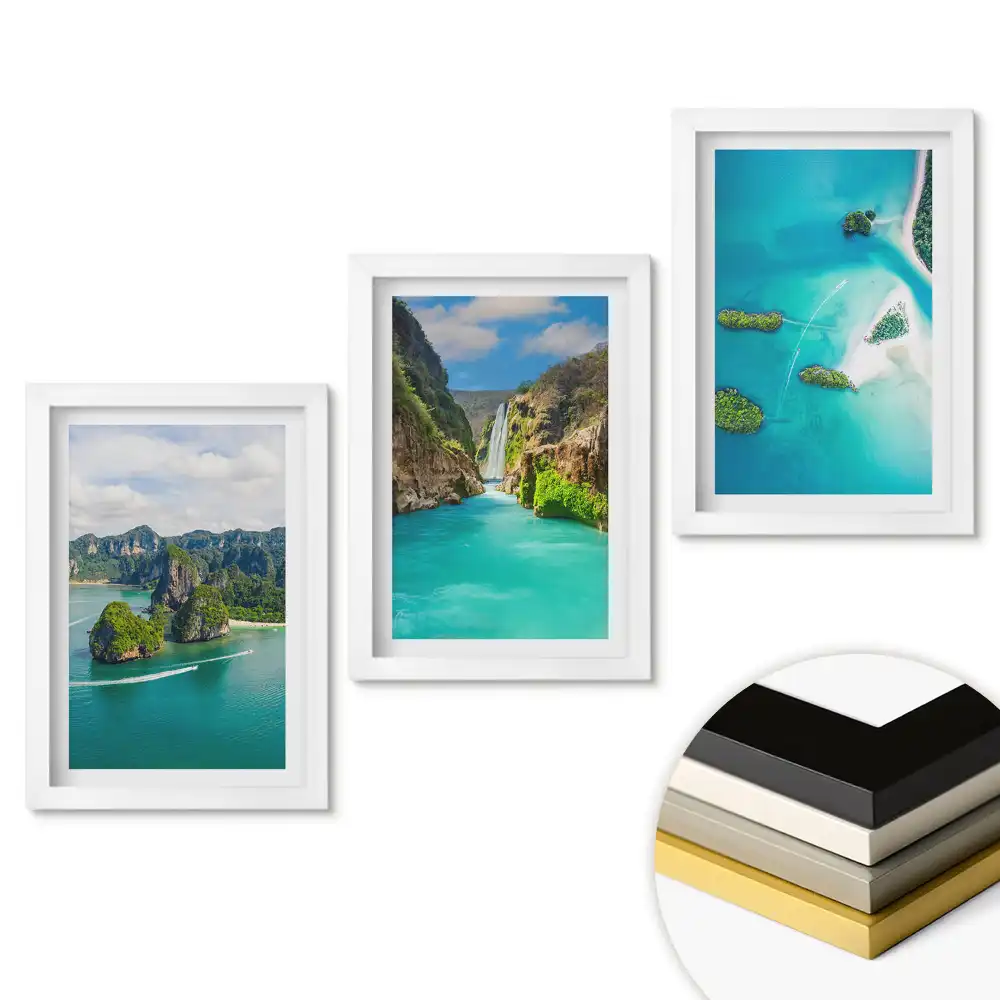 Set 3 tablouri pentru dormitor cu peisaje tropicale și ape albastre