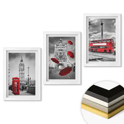 Set 3 tablouri dormitor Simboluri londoneze într-un cadru monocromatic
