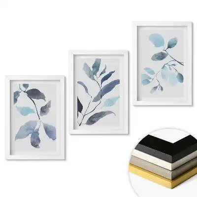 Set 3 tablouri dormitor Frunze delicate în nuanțe de albastru