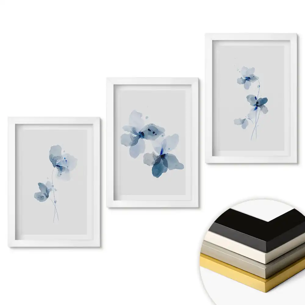 Set tablouri living Acuarele florale în nuanțe de albastru