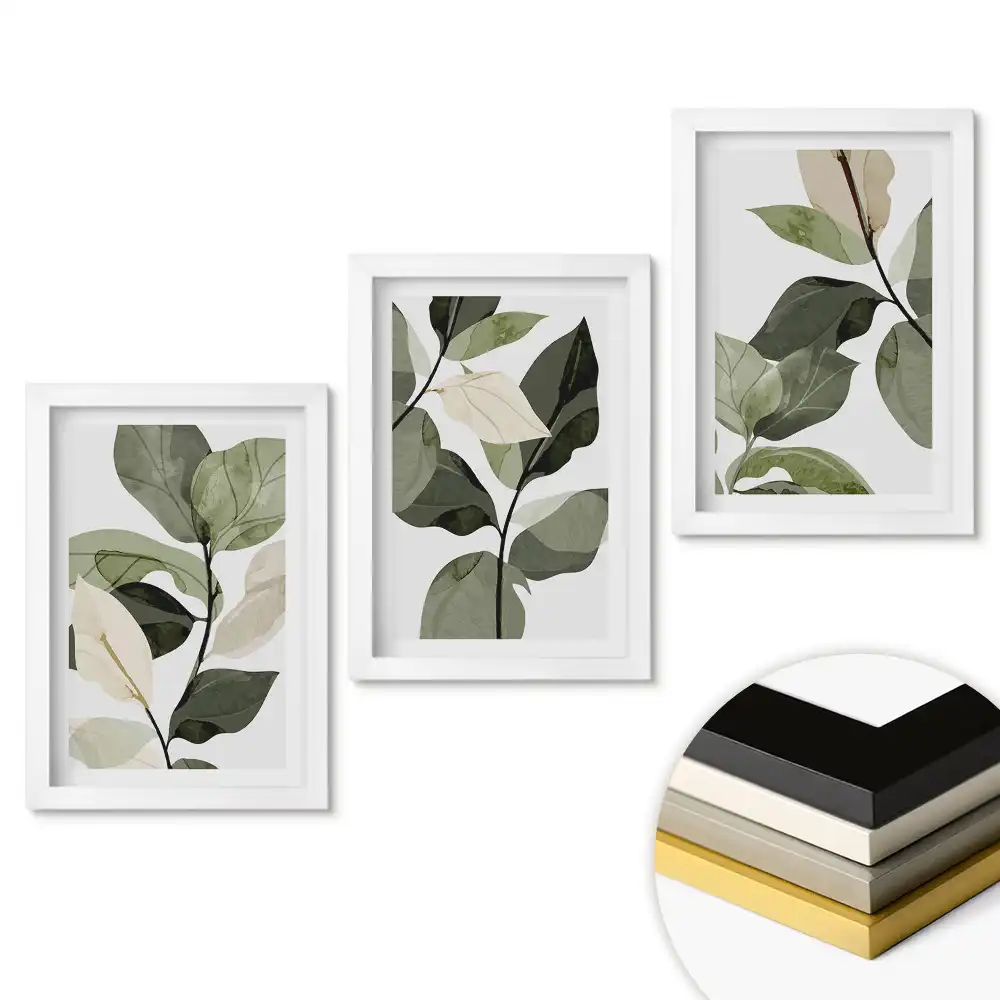 Set de 3 tablouri pentru dormitor cu design minimalist Eleganța frunzelor