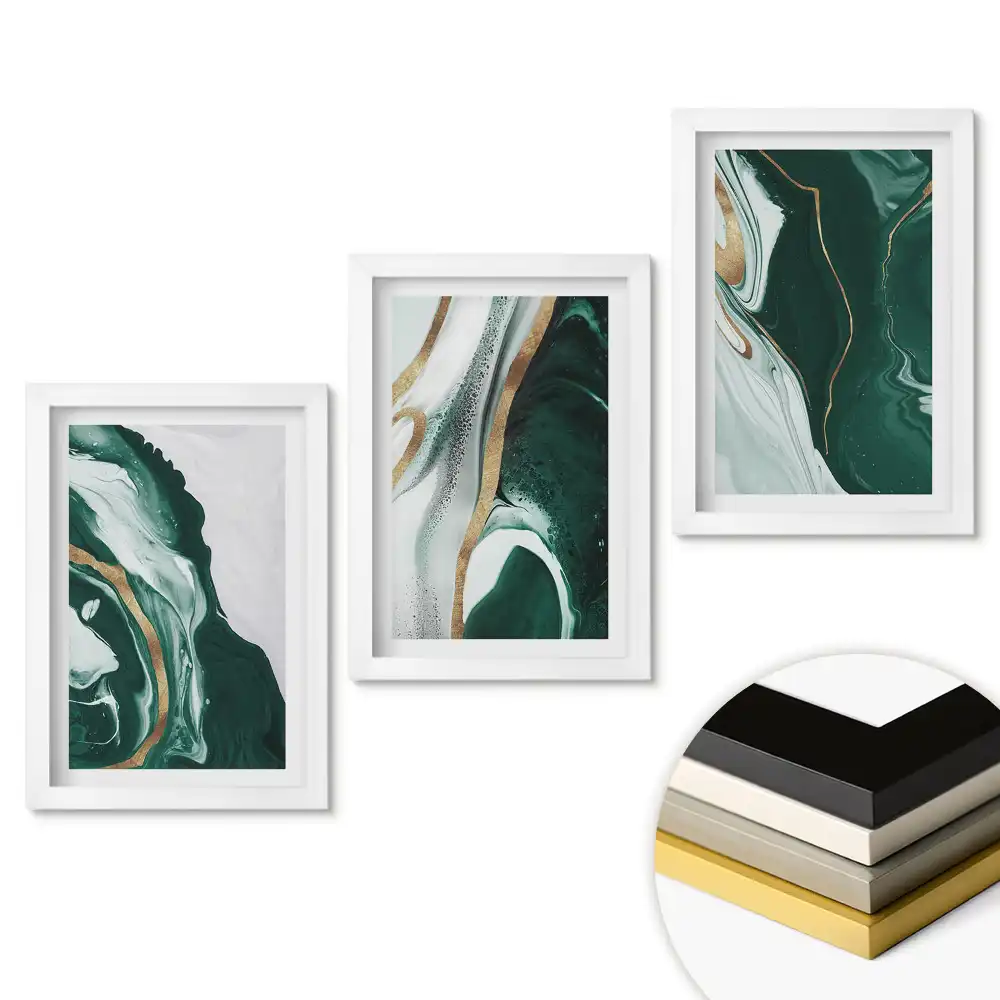 Set 3 tablouri pentru dormitor cu design abstract în nuanțe de verde și accente delicate