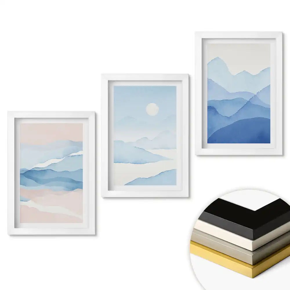 Set 3 tablouri pentru dormitor cu peisaje abstracte în nuanțe de albastru
