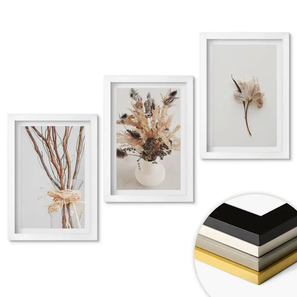 Set 3 tablouri pentru dormitor cu compoziții elegante din plante uscate