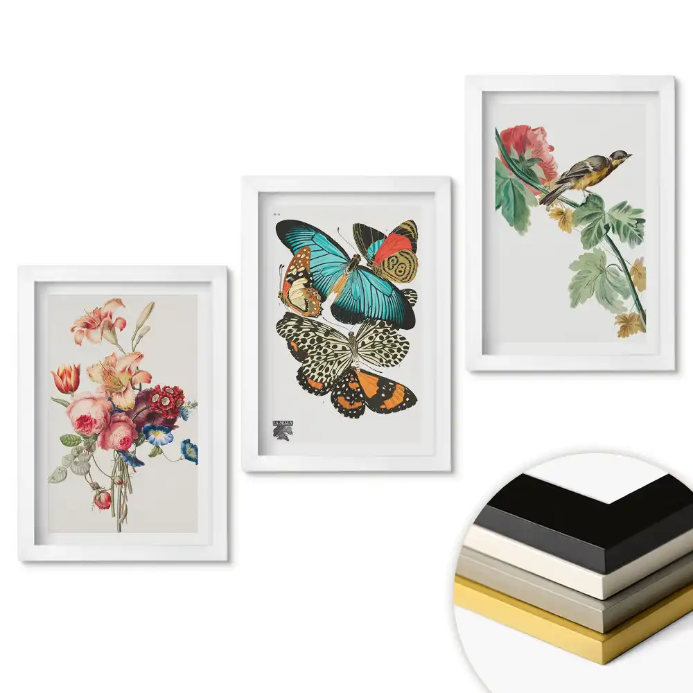 Set 3 tablouri dormitor Flori, fluturi și păsări în artă