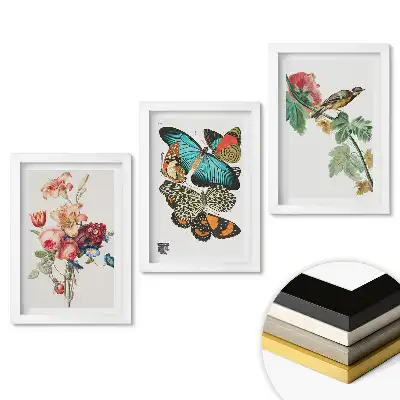 Set 3 tablouri dormitor Flori, fluturi și păsări în artă