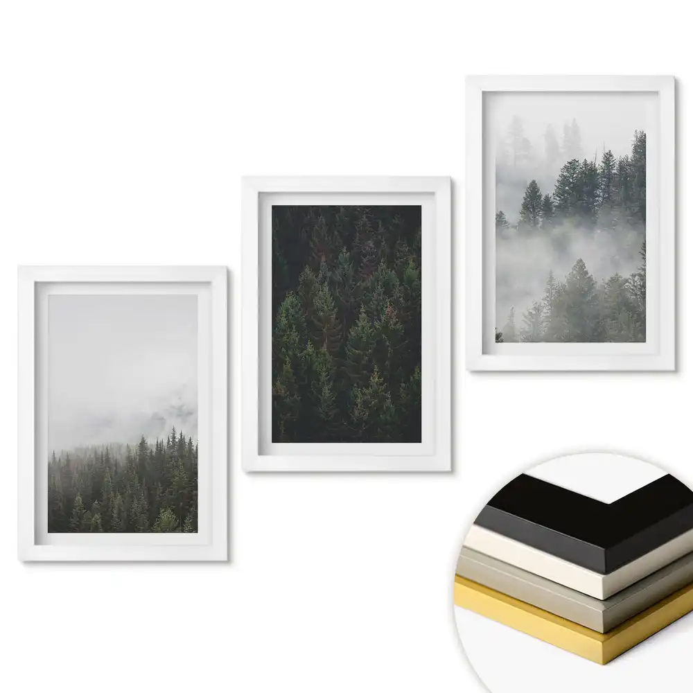 Set de 3 tablouri pentru dormitor cu peisaj de pădure cețoasă