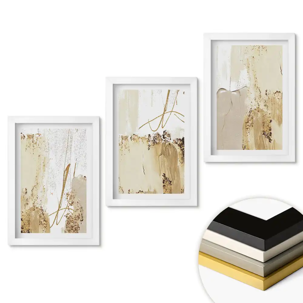 Set 3 tablouri dormitor Compoziții abstracte în nuanțe de auriu