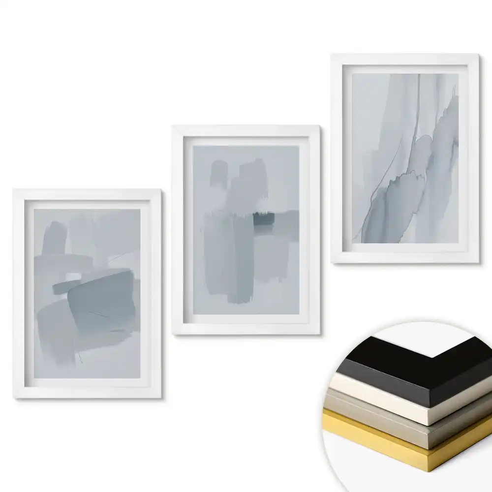 Set de 3 tablouri pentru dormitor cu nuanțe abstracte de gri și albastru