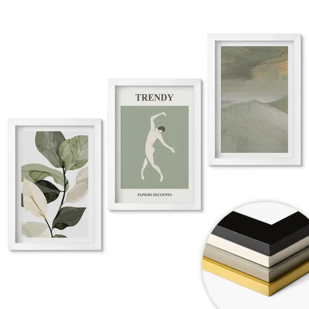 Set de 3 tablouri pentru dormitor cu grafică modernă și motive vegetale
