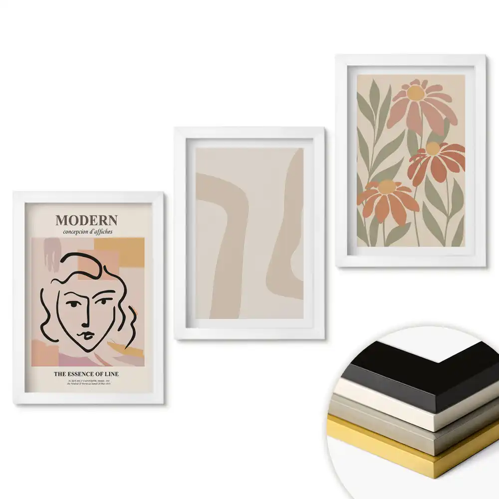 Set de tablouri pentru living cu grafică modernă cu flori și linii