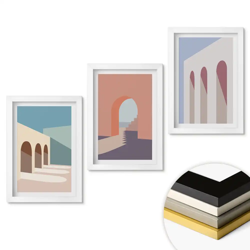 Set 3 tablouri pentru dormitor cu design arhitectural modern în culori pastelate