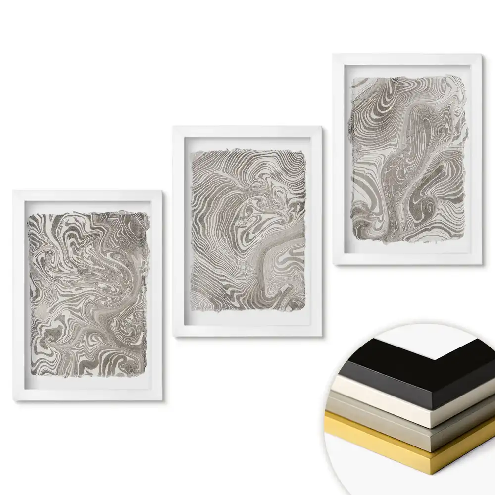 Set de tablouri pentru living cu valuri abstracte în nuanțe de gri