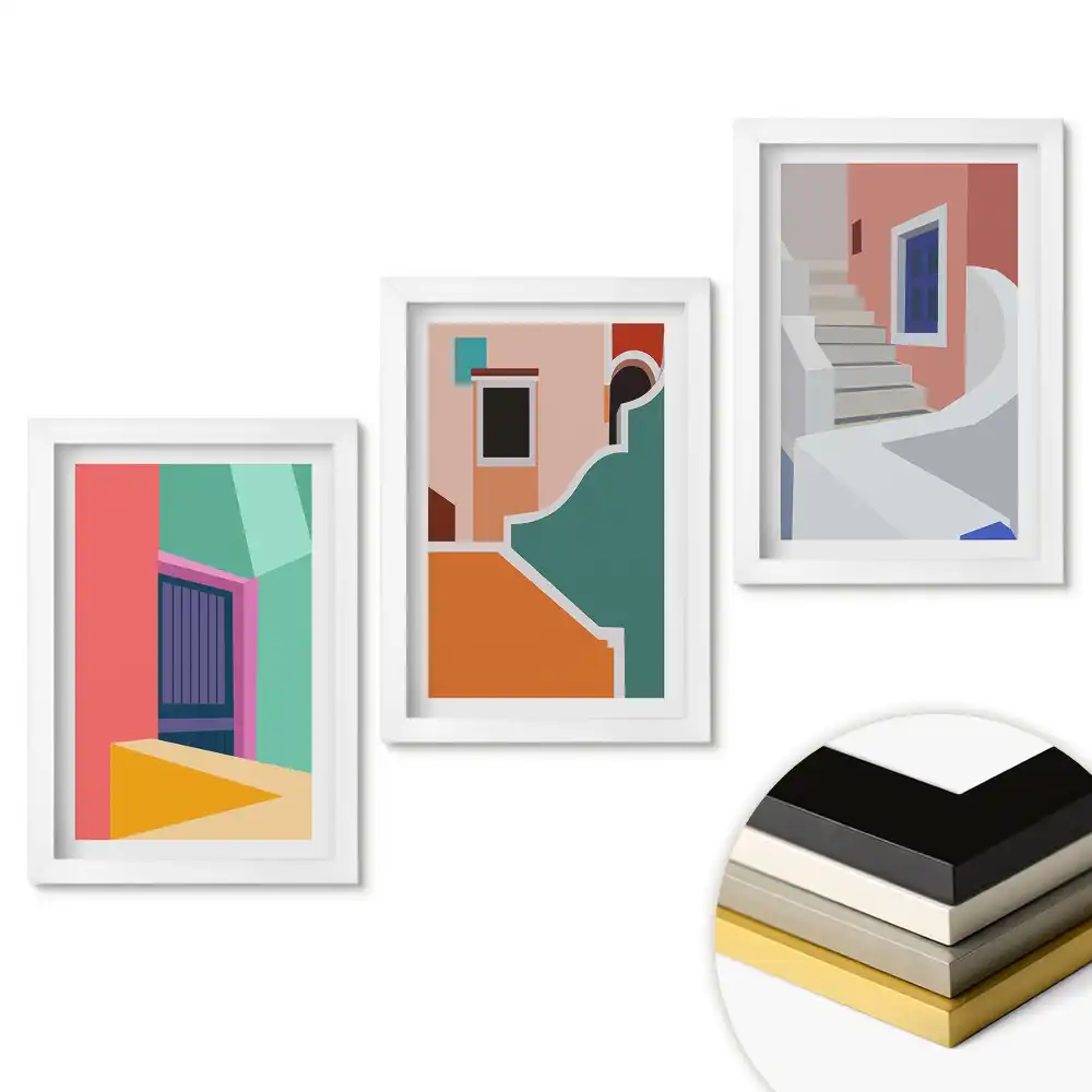 Set 3 tablouri pentru dormitor cu compoziții arhitecturale geometrice colorate