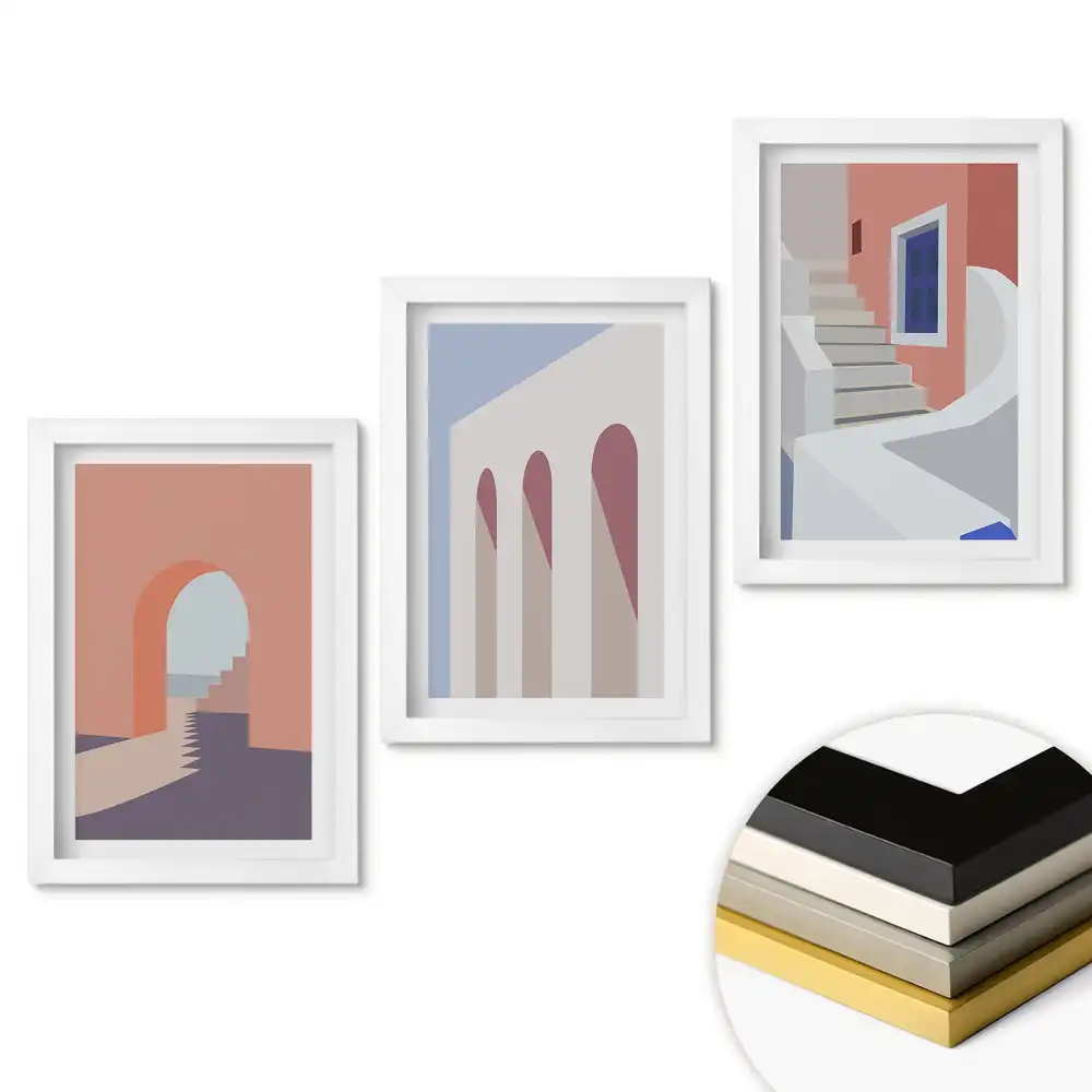 Set 3 tablouri pentru dormitor cu compoziții arhitecturale abstracte în culori