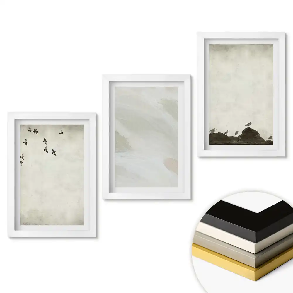 Set 3 tablouri pentru dormitor cu peisaje minimaliste în nuanțe de gri