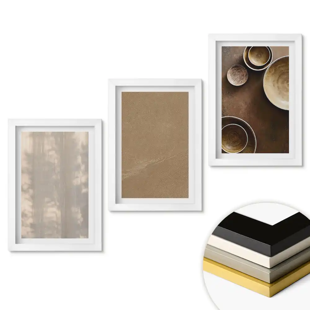 Set de 3 tablouri pentru dormitor cu compoziții minimaliste de farfurii și texturi