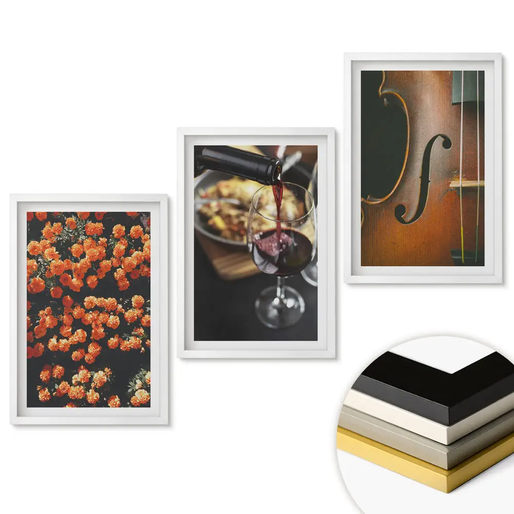 Set de 3 tablouri pentru living cu tematică flori, vin și muzică