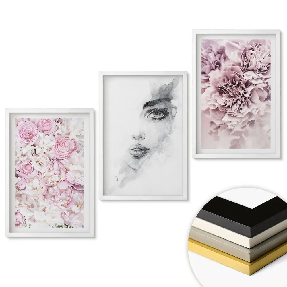 Set 3 tablouri pentru living cu motive florale în nuanțe de roz